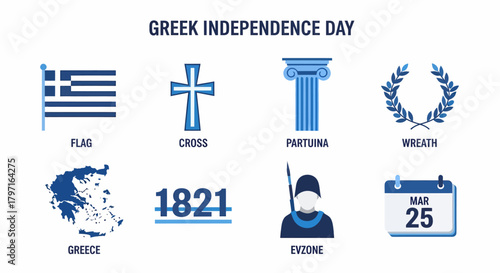 Eight icons related to Greek Independence Day flag cross column wreath map year soldier and calendar