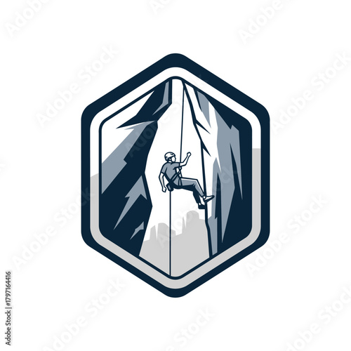 A geometric emblem depicts a figure rappelling down a cliff face, inside a hexagon frame