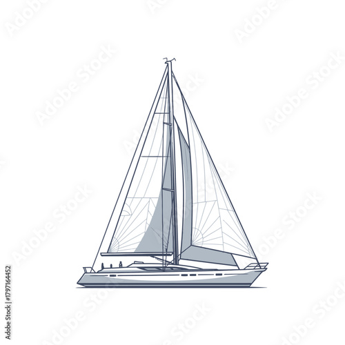 A detailed illustration of a sailboat at sea, with main sail filled and jib ready for wind