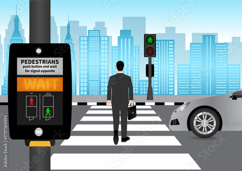 Businessman Walking across Crosswalk in the City. Crosswalk. Pedestrian Crossing Road. Zebra Crossing. Vector Illustration. 
