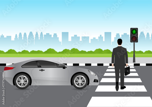 Businessman Walking across Crosswalk in the City. Crosswalk. Pedestrian Crossing Road. Zebra Crossing. Vector Illustration. 