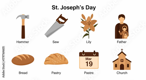 Icons representing St Josephs Day with labels hammer saw lily father bread pastry calendar and church