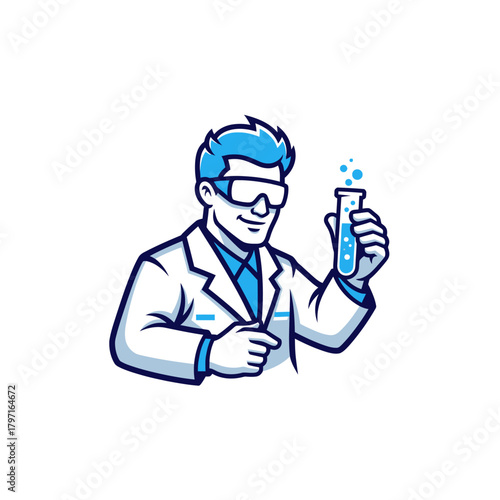 A cartoon lab technician in a white coat holds a test tube.  He wears glasses and smiles
