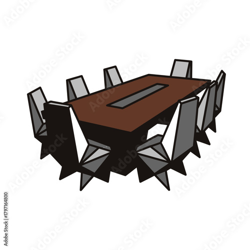 Illustration of a polygonal brown table with a recessed section surrounded by grey seating