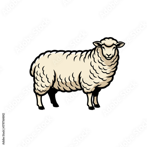 A cartoon-style illustration of a sheep in a side-facing stance, with white wool and dark outline