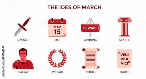 Infographic illustrating elements related to the Ides of March