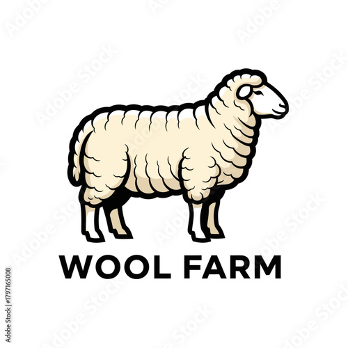 A cartoon-style illustration of a sheep in profile with the text "WOOL FARM" below