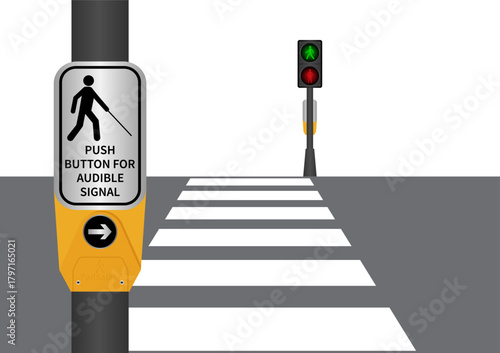 Crosswalk Button for Visually Impaired People or Blind People. Push Button for Audible Signal. Pedestrian Traffic Button. Vector Illustration.
