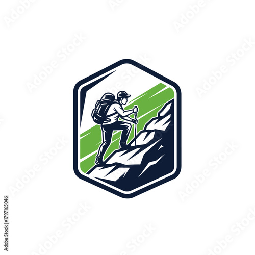 A hiker ascends a rocky mountain with backpack and trekking pole, in a colored hexagon