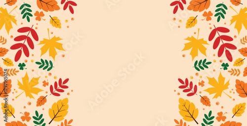 A warm autumn background with borders of vibrant fall leaves (maple, oak, and shamrock) in red, yellow, orange, and green, set against a light beige backdrop, providing extensive negative space for te