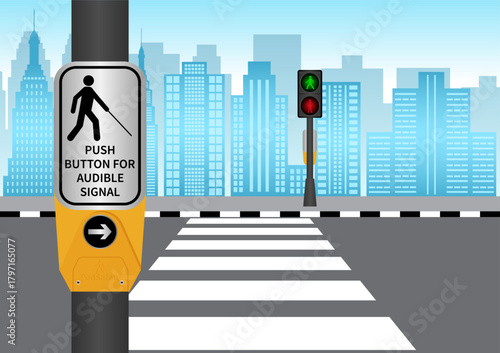 Crosswalk Button for Visually Impaired People or Blind People. Push Button for Audible Signal. Pedestrian Traffic Button. Vector Illustration.