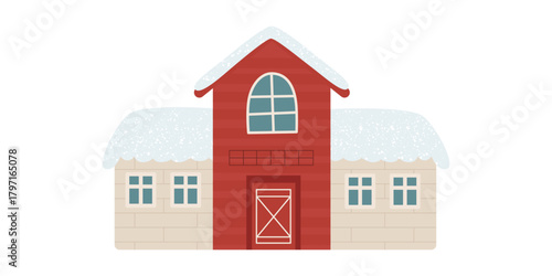 Winter barn house vector illustration. Isolated on a white background.