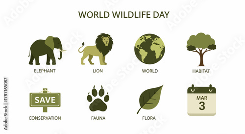 World Wildlife Day graphic showing icons for elephant lion world habitat conservation fauna flora and March 3rd