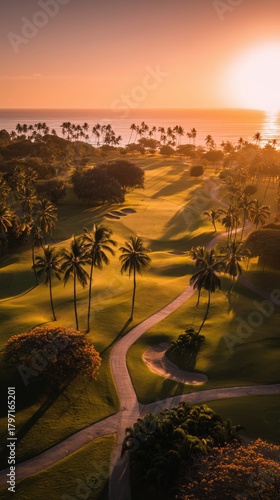 Sunset Over Tropical Golf Course With Palm Trees and Mountains in the Background