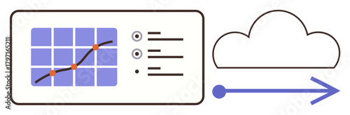 Analytics dashboard with graph and indicators connected via arrow to cloud. Ideal for data analytics, cloud computing, digital transformation, statistics, business strategy, technology, workflow