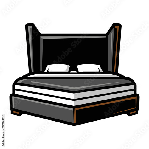 Vector illustration of a bed with a high headboard and two pillows, simple design