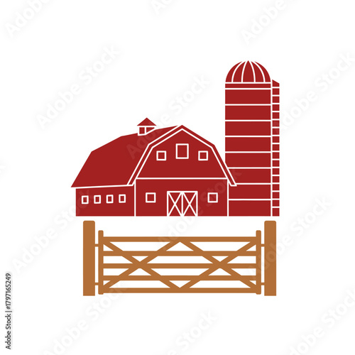 A rustic illustration featuring a red barn, silo, and a wooden gate, all set against a white background