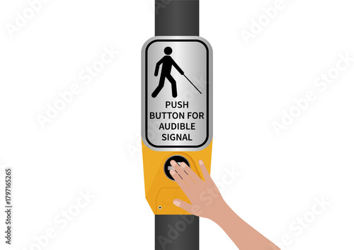 Hand Pressing Crosswalk Button for Visually Impaired People or Blind People. Push Button for Audible Signal. Pedestrian Traffic Button. Vector Illustration.