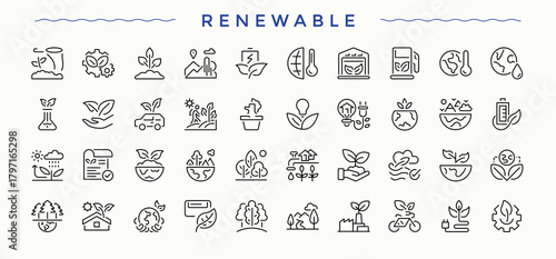 Renewable Energy line icon set. Icons for UI design. Power line icon set. Included eco, electricity, global, gas, fuel and more.