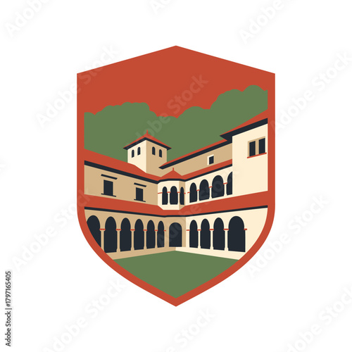 A geometric illustration of a courtyard and building enclosed within a shield