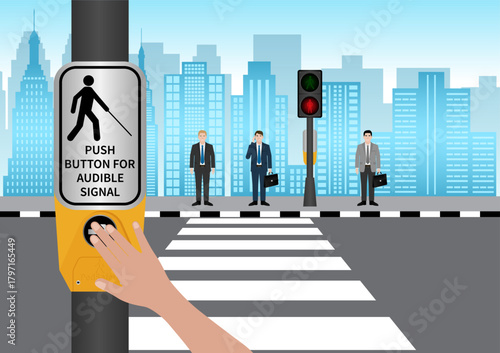 Hand Pressing Crosswalk Button for Visually Impaired People or Blind People. Push Button for Audible Signal. Pedestrian Traffic Button. Vector Illustration.