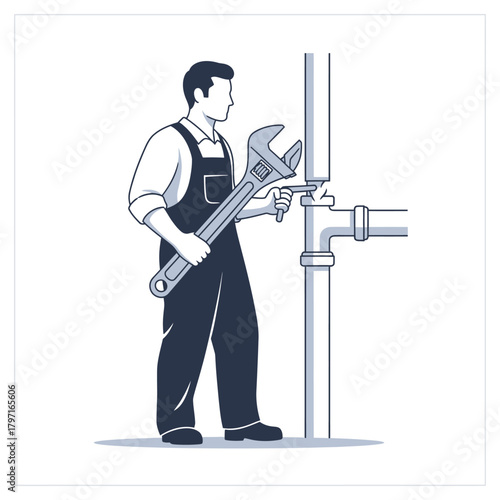 A cartoon plumber using a wrench on pipes, shown in a clean, minimalist style