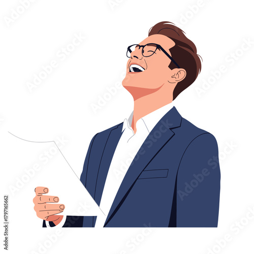 A man in a suit laughing, holding a paper, with a joyous expression and glasses