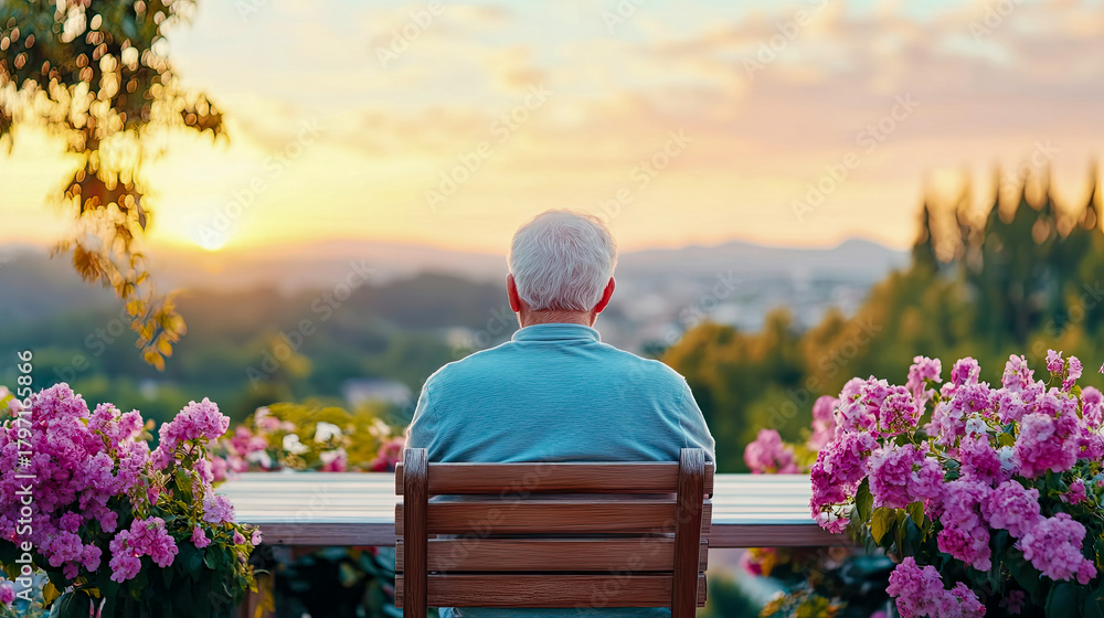 Naklejka premium Elderly person sits peacefully, observing magnificent sunset over panoramic landscape, with vibrant pink flowers framing serene golden hour view.