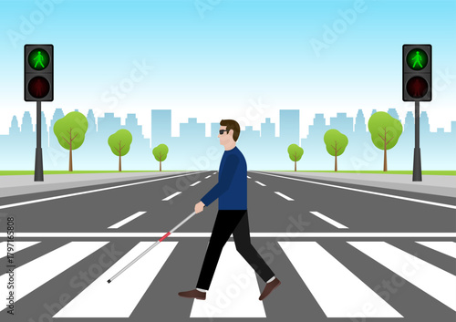 ฺBlind Man with White Cane Walking across Crosswalk in the city. Crosswalk. Pedestrian Crossing Road. Zebra Crossing. Vector Illustration.