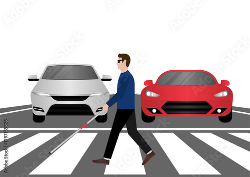 ฺBlind Man with White Cane Walking across Crosswalk in the city. Crosswalk. Pedestrian Crossing Road. Zebra Crossing. Vector Illustration.