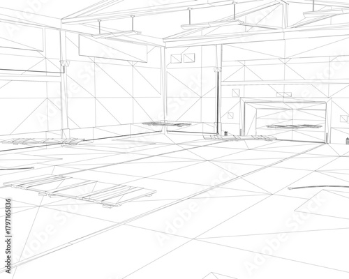 A detailed black and white wireframe drawing of a warehouse interior, showing containers and furniture arranged neatly within a floor plan.