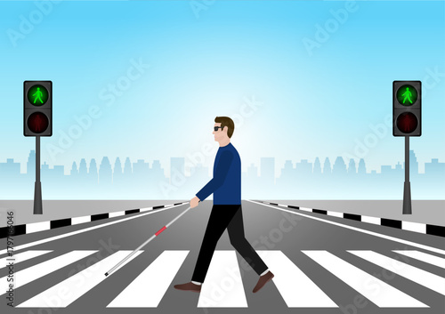 ฺBlind Man with White Cane Walking across Crosswalk in the city. Crosswalk. Pedestrian Crossing Road. Zebra Crossing. Vector Illustration.