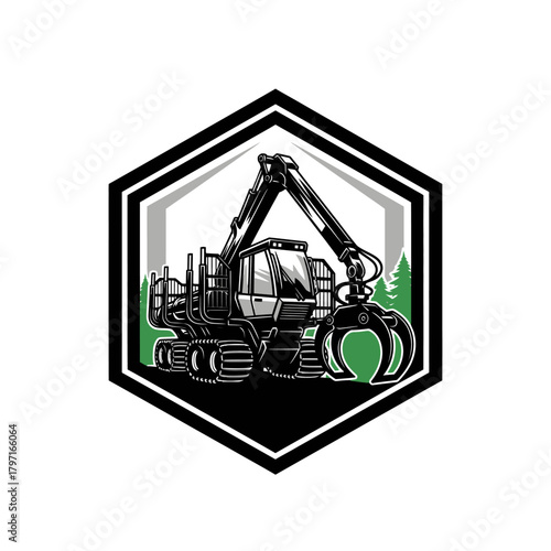Black and white illustration of a forestry machine inside a hexagon with a green detail