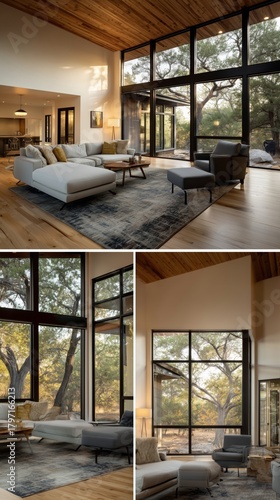 Modern Living Space With Large Windows Offers Natural Light and Beautiful Outdoor Views in a Cozy Setting
