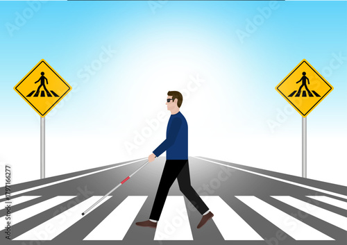 ฺBlind Man with White Cane Walking across Crosswalk in the city. Crosswalk. Pedestrian Crossing Road. Zebra Crossing. Vector Illustration.