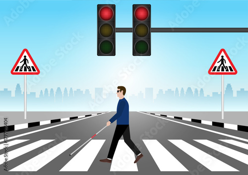 ฺBlind Man with White Cane Walking across Crosswalk in the city. Crosswalk. Pedestrian Crossing Road. Zebra Crossing. Vector Illustration.