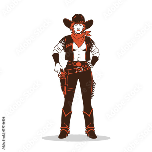 Illustration of a woman in Western attire with a hat, a gun, and a determined gaze