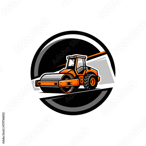A stylized orange steamroller graphic, enclosed within a black and gray circular frame, on white