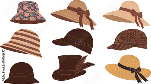 Collection of stylish women’s hats featuring floral patterns, woven textures, ribbon bows, stripes, and classic vintage designs for fashion illustration