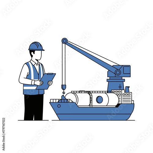A dock worker observes cargo loading on a ship with a crane, checking a clipboard