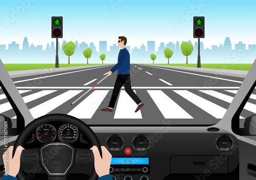 ฺBlind Man with White Cane Walking across Crosswalk in the city. Crosswalk. Pedestrian Crossing Road. Zebra Crossing. Vector Illustration.