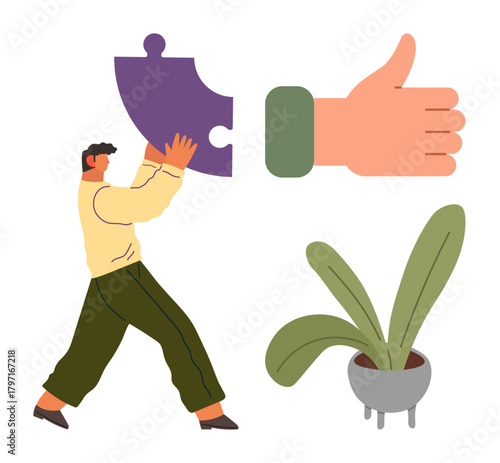 Man carrying purple puzzle piece conveys collaboration, teamwork, positivity with large thumbs up, and green potted plant indicating growth, progress. Ideal for problem-solving, success, motivation
