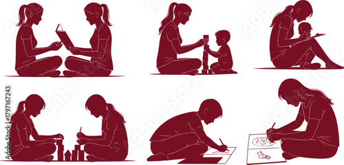 Collection of parent and child activity silhouette illustrations showing reading, drawing, creative learning, block building, bonding moments for family education themes