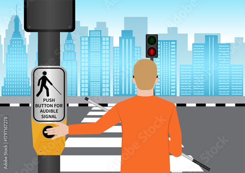 Blind Man Pressing Crosswalk Button. Push Button for Audible Signal. Pedestrian Traffic Button. Vector Illustration.