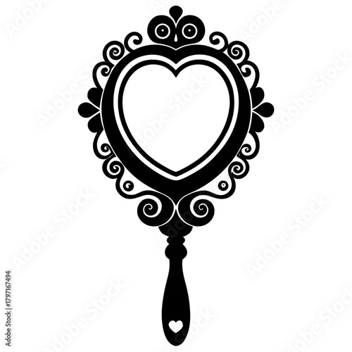 Heart shaped mirror with ornate frame on transparent background silhouette