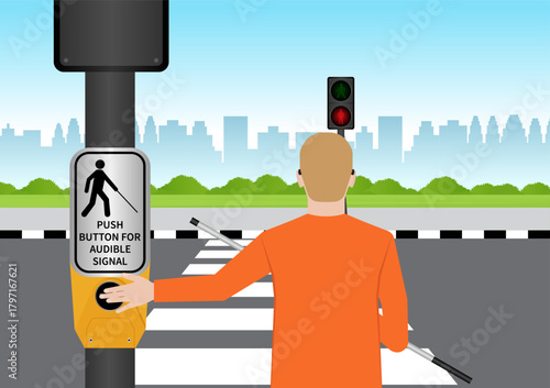 Blind Man Pressing Crosswalk Button. Push Button for Audible Signal. Pedestrian Traffic Button. Vector Illustration.