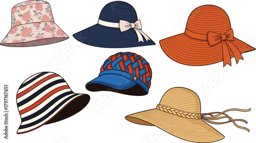 Collection of colorful women’s summer hats including floral bucket styles, striped designs, woven caps, and wide-brimmed sun hats with decorative bows