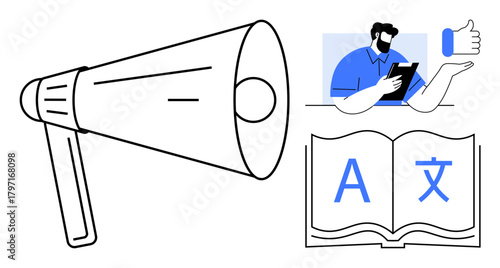 Megaphone with sound rays, open book showing language symbols, and person providing feedback. Ideal for linguistics, communication, translation, social media, education feedback marketing. Simple