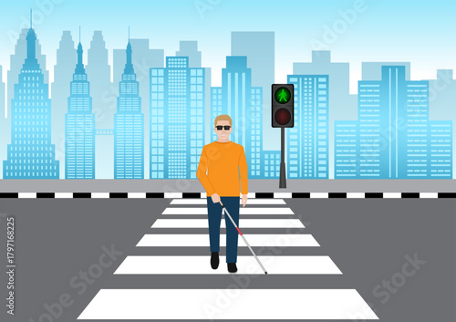 ฺBlind Man with White Cane Walking across Crosswalk in the city. Crosswalk. Pedestrian Crossing Road. Zebra Crossing. Vector Illustration.