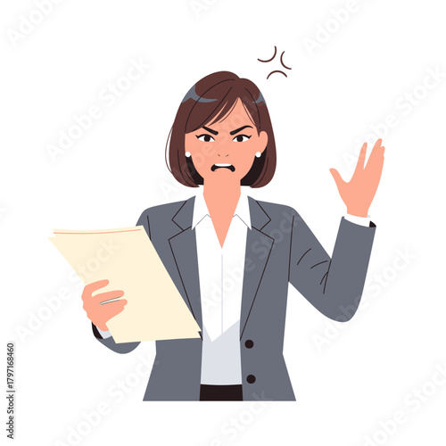 Animated image of an angry businesswoman holding papers, with facial expressions